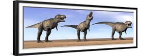 Three Tyrannosaurus Rex Dinosaurs Standing in the Desert-null-Framed Premium Giclee Print