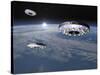 Three Ufo's Flying Above Planet Earth-null-Stretched Canvas