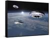 Three Ufo's Flying Above Planet Earth-null-Framed Stretched Canvas