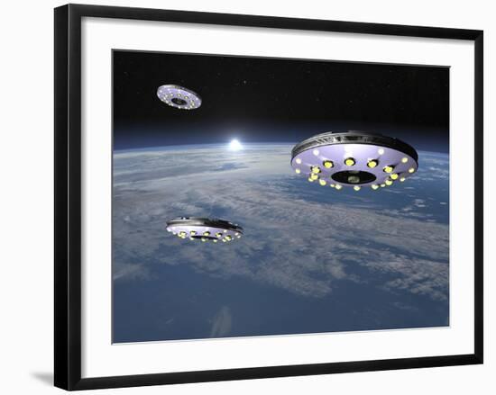 Three Ufo's Flying Above Planet Earth-null-Framed Art Print