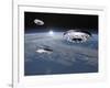 Three Ufo's Flying Above Planet Earth-null-Framed Art Print