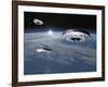 Three Ufo's Flying Above Planet Earth-null-Framed Art Print