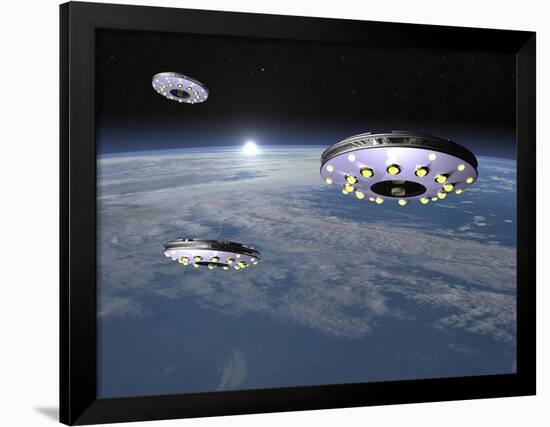 Three Ufo's Flying Above Planet Earth-null-Framed Art Print