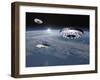 Three Ufo's Flying Above Planet Earth-null-Framed Art Print