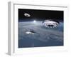 Three Ufo's Flying Above Planet Earth-null-Framed Art Print