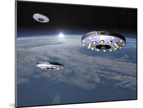 Three Ufo's Flying Above Planet Earth-null-Mounted Art Print