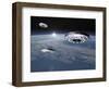 Three Ufo's Flying Above Planet Earth-null-Framed Art Print