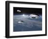 Three Ufo's Flying Above Planet Earth-null-Framed Art Print