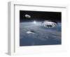 Three Ufo's Flying Above Planet Earth-null-Framed Art Print