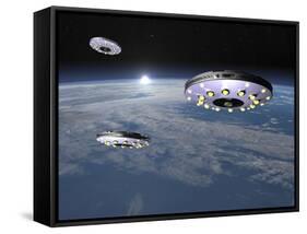 Three Ufo's Flying Above Planet Earth-null-Framed Stretched Canvas