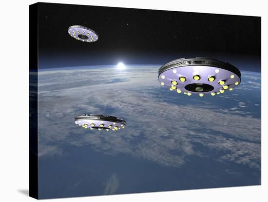 Three Ufo's Flying Above Planet Earth-null-Stretched Canvas