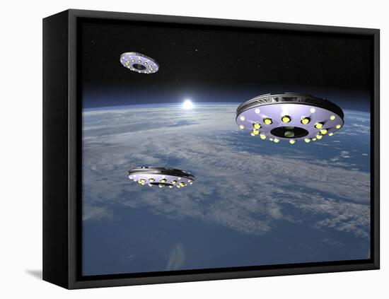 Three Ufo's Flying Above Planet Earth-null-Framed Stretched Canvas