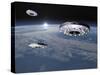 Three Ufo's Flying Above Planet Earth-null-Stretched Canvas