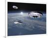 Three Ufo's Flying Above Planet Earth-null-Framed Art Print