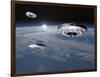 Three Ufo's Flying Above Planet Earth-null-Framed Art Print