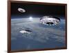 Three Ufo's Flying Above Planet Earth-null-Framed Art Print