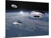 Three Ufo's Flying Above Planet Earth-null-Mounted Art Print