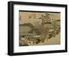 Three Wagons with Oxen Pass a Village Along the Tokaido-Utagawa Hiroshige-Framed Art Print