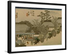 Three Wagons with Oxen Pass a Village Along the Tokaido-Utagawa Hiroshige-Framed Art Print