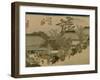 Three Wagons with Oxen Pass a Village Along the Tokaido-Utagawa Hiroshige-Framed Art Print