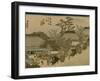 Three Wagons with Oxen Pass a Village Along the Tokaido-Utagawa Hiroshige-Framed Art Print