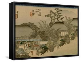 Three Wagons with Oxen Pass a Village Along the Tokaido-Utagawa Hiroshige-Framed Stretched Canvas