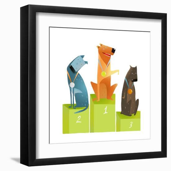 Three Winners Dogs Sitting on Podium with Medals. Three Dogs on the Podium Winners with Medals on W-Popmarleo-Framed Art Print