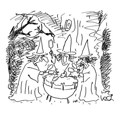 Three witches beating on a 'kettle' drum. - Cartoon' Premium Giclee Print - Arnie Levin Three witches beating on a 'kettle' drum. - Cartoon' Premium Giclee Print - Arnie Levin