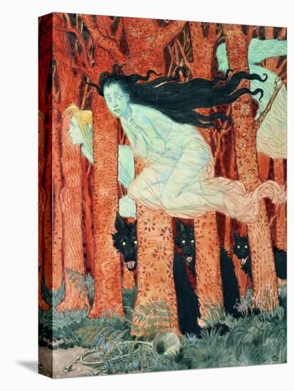 Three Women and Three Wolves (W/C)-Eugene Grasset-Stretched Canvas