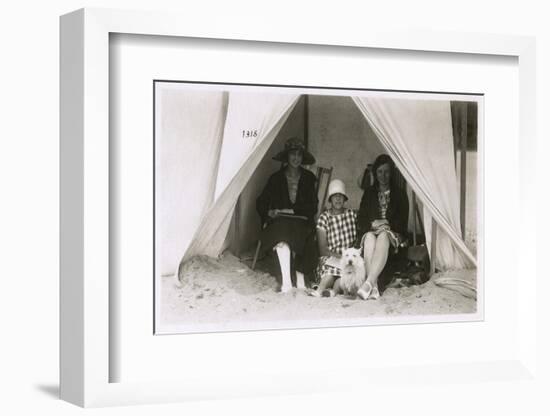 Three Women in a Tent on a Beach with a White Terrier-null-Framed Photographic Print