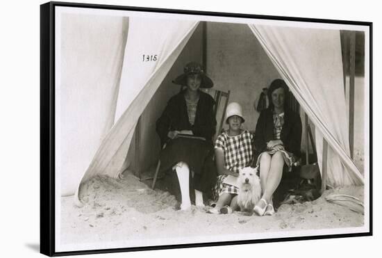 Three Women in a Tent on a Beach with a White Terrier-null-Framed Stretched Canvas