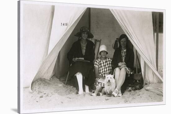 Three Women in a Tent on a Beach with a White Terrier-null-Stretched Canvas