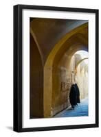 Three women in chadors hurrying down typical vaulted alleyway, Yazd, Iran, Middle East-James Strachan-Framed Photographic Print