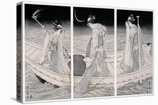 Three Women on a Boat Fishing by Lamplight-Toyokuni-Stretched Canvas