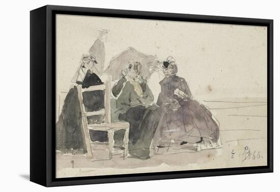 Three Women Seated on Chairs on a Beach-Eugene Louis Boudin-Framed Stretched Canvas