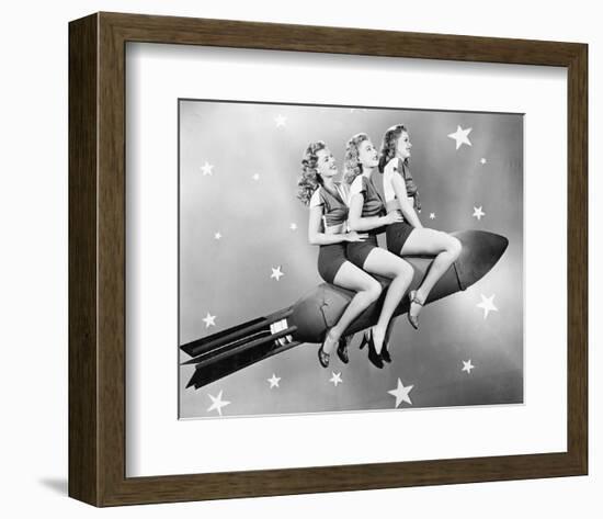 Three Women Sitting on Rocket-null-Framed Art Print