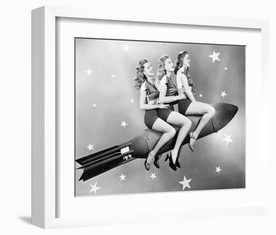 Three Women Sitting on Rocket-null-Framed Art Print