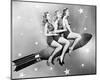 Three Women Sitting on Rocket-null-Mounted Art Print