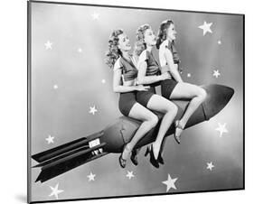 Three Women Sitting on Rocket-null-Mounted Art Print
