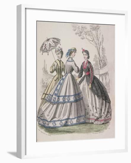 Three Women Wearing the Latest Fashions, One of the Women Is Shading Herself with a Parasol, 1864-null-Framed Giclee Print