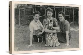 Three Women with Cat and Puppy in a Garden-null-Stretched Canvas