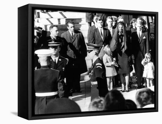 Three Year Old John F Kennedy Jr Salutes His Father's Flag Draped Coffin after Funeral Mass-null-Framed Stretched Canvas