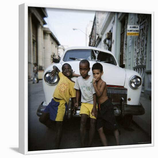 Three Young Boys Posing Against Old White American Car, Havana, Cuba, West Indies, Central America-Lee Frost-Framed Photographic Print