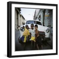 Three Young Boys Posing Against Old White American Car, Havana, Cuba, West Indies, Central America-Lee Frost-Framed Photographic Print