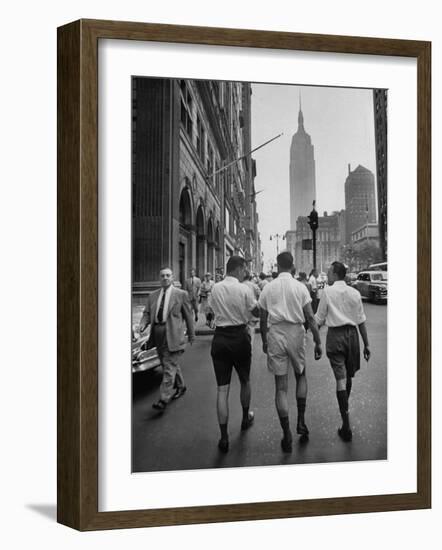 Three Young Businessmen Wearing Bermuda Shorts as They Walk Along Fifth Ave. During Lunchtime-Lisa Larsen-Framed Photographic Print