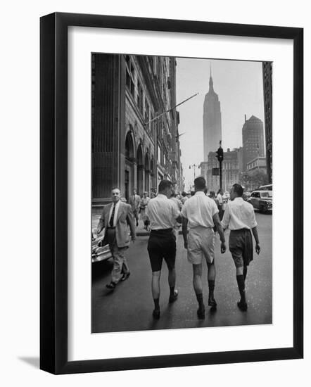 Three Young Businessmen Wearing Bermuda Shorts as They Walk Along Fifth Ave. During Lunchtime-Lisa Larsen-Framed Photographic Print