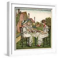 Three Young Girls Having a Tea Party-Kate Greenaway-Framed Art Print