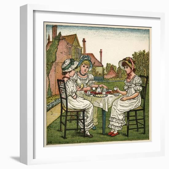 Three Young Girls Having a Tea Party-Kate Greenaway-Framed Art Print