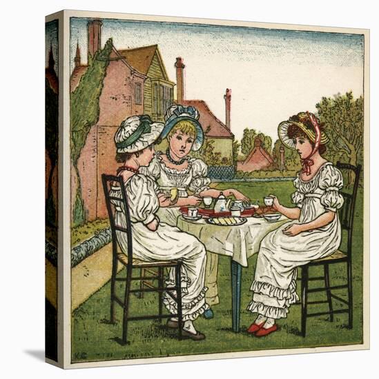 Three Young Girls Having a Tea Party-Kate Greenaway-Stretched Canvas