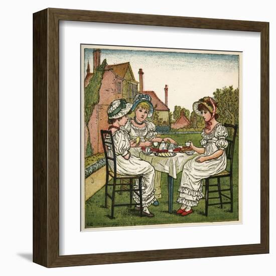 Three Young Girls Having a Tea Party-Kate Greenaway-Framed Art Print